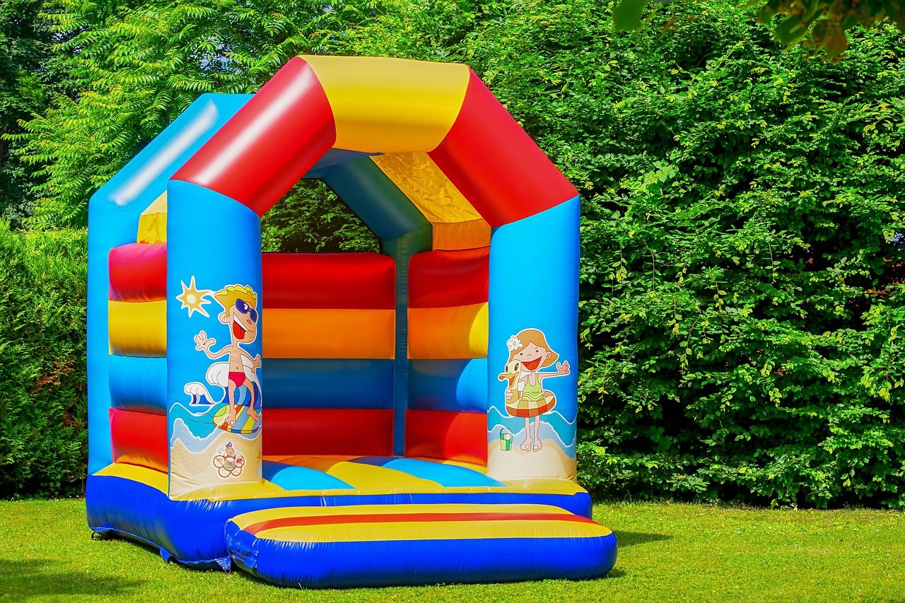 bouncy castle, air cushion, inflatable, soft, children, to play, pleasure, happy, fun, castle, multicoloured, colorful, nature, game device, play outside, leisure time, children's birthday, summer